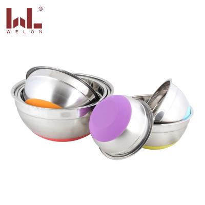 China Sustainable Colored Stainless Steel Mixing Bowl And Silicone Deep Bottom For Kitchen Food Mixing With Lid for sale