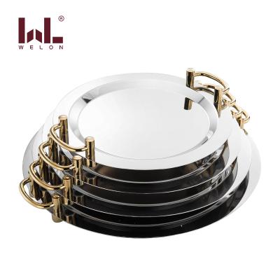 China 201 Stainless Steel Food Trays 16inch Round Dessert Display Dish Charger Eco-friendly Polishing Dish With Handle For Hotel Restaurant for sale