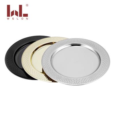 China OEM Sustainable Design 13 Inch Round Shape Luxury Serving Tray Stainless Steel Charger Dishes Gold Color Wedding Lunch Tray for sale