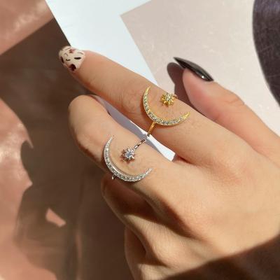 China 2022 Trendy Wrap Finger Anillo Open Estrella Anxiety Ring Jewelry Adjustable 925 Sterling Silver Moon Sun Crystal Rings for sale