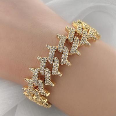 China Charm Chains Hip Hop Style Link Chain Bracelet Trendy Miami Iced Out Zircon Gold Plated Spiked Cuban Chain For Women And Men for sale