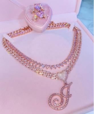 China CLASSIC hot sale luxury women iced out jewelry diamond cuban link chain rose gold cursive heart initial tennis chain necklace for sale