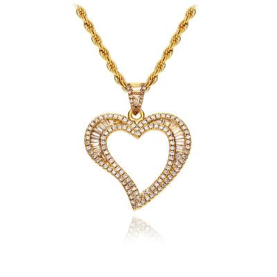 China HIP HOP Miami Style Iced Out Hollow Heart Shape Pendant Necklace Iced Out 3A Gold Plated Zircon Pendant Necklace For Women And Men for sale