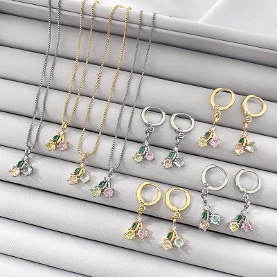 China 2022 Cute Trendy Cherry Shape Jewelry Set 3A CZ 18k Gold Plated Chain For Women Daily Jewelry Set for sale