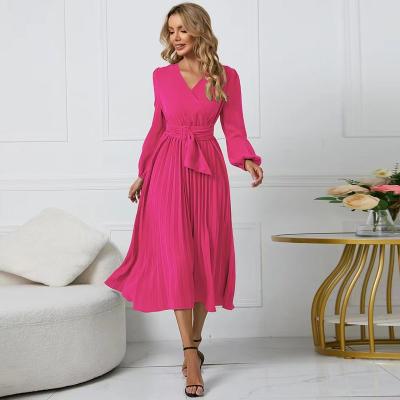 China Anti-Static long sleeve slim pleated belt V-neck Casual Dresses With Sashes A-line dress for sale