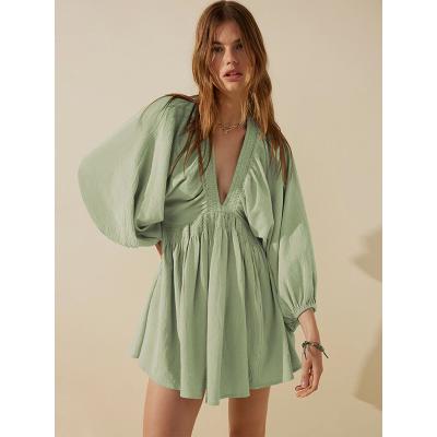 China Anti-Static 2023 Sexy Mini Woven Women Summer Tunic V Neck Casual Loose Autumn Dresses for sale