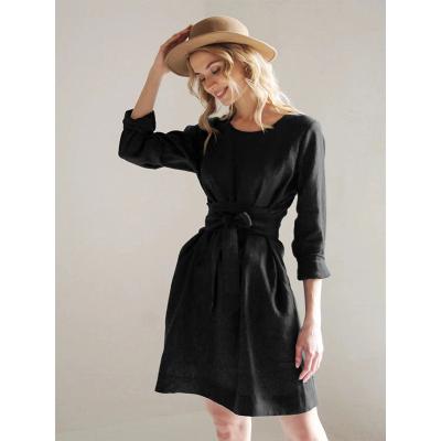 China Anti-Static Fashion Trendy Pure Color Crew Neck Linen Tunic Vestidos Midi Dress Women Long Sleeve Tight Ribbing Casual Dress for sale