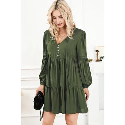 China Anti-Static Spring New Long Sleeve Dress Green Pleated Lace Up Dress Women Clothing Casual Midi Dress for sale