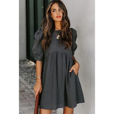 China Anti-Static Women Short Sleeve Dress Summer New Loose Puff Sleeves Plus Size Breasted Solid Color Dresses for sale