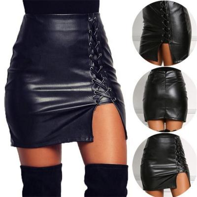 China Wholesale LS657 Anti-Static 2021 Summers/Drop Solid Color Strap Slits Faux Leather Fashion Black Skinny Short Skirt Women for sale