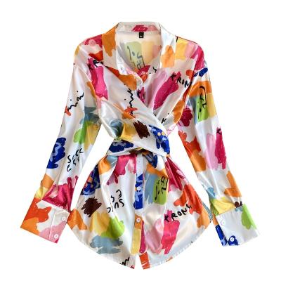 China Anti-wrinkle LinShi ladies temperament shirt with irregular design female slot bandage waist diet tie dye fashionable satin shirt top for sale