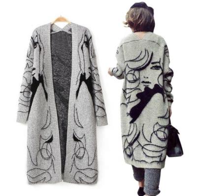 China Hot Sale Anti-wrinkle Front Beauty Head Print Knee Woman Mohair Cardigan Sweater Coat Open Lskj753 2020 for sale