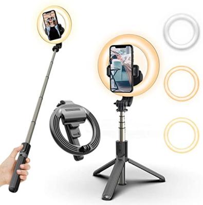 China Free Sample ABS +Aluminum Alloy Mobile Selfie Stick 360 Rotation Focos Led Para Selfie Ring Light With Tripod Stand for sale