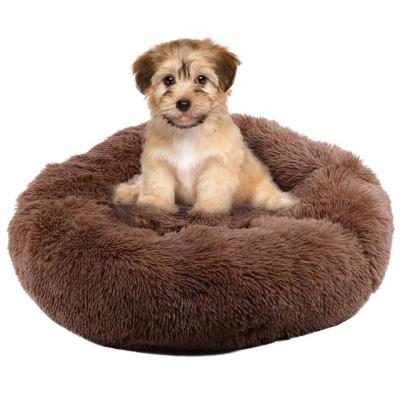 China Removable Blanket Round Pet Bed Comfortable Soft Dog Cat Sleeping Cushion Bed Plush Round Faux Fur Donut for sale