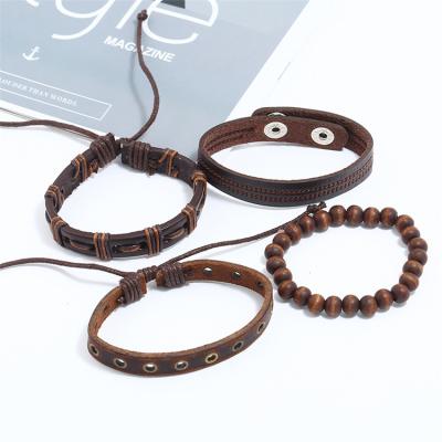 China New Design High Quality Leather Braided Beaded Bracelet Vintage Rosary Cowhide Adjustable Bracelet Set 4 Pieces Set for sale