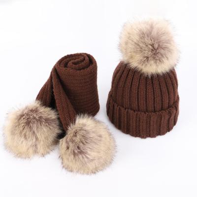 China Verified Wholesale Kids Girls Boys Toddlers Baby Knitted Pom Pom Beanie Winter Hats And Scarf Set With Faux Fur Flip Pom for sale