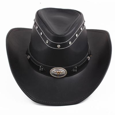 China Fashionable Beauty Wide Brim Style Adjustable Metal Bull Western Head Jazz Hat Cowboy Hat Decorated for sale