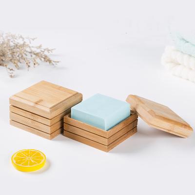 China Sustainable Japanese Bamboo Wooden Frame Wooden Bathroom Soap Box Cube Cork Soap Box Embossed Natural Wood Soap Crate Holder for sale