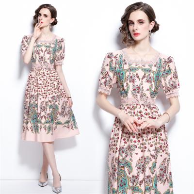 China The new station anti-static European summer style temperament waist was thin and lace up women's printed dress for sale