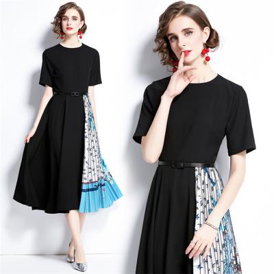 China 2021 New Anti-static Round Collar Waist Rome Splice Print Press Pleat Short Dress With Belt for sale