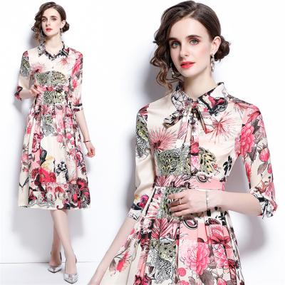 China 2021 anti-static new product printing hot sale floral dress to slim the dress with a belt for sale