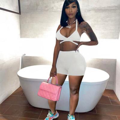 China 2022 Best Seller Solid Color Viable Summer 2 Piece Shorts Set Casual Sleeveless Crop Top And Shorts Women Tracksuit Two Piece Teams for sale