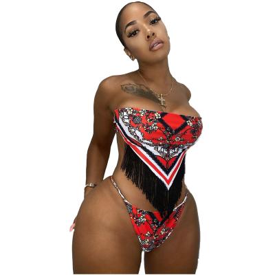 China Two-piece 100% polyester new arrival summer tassel bikini swimwear printed underwear 2022 new set women summer bikini set sexy for sale