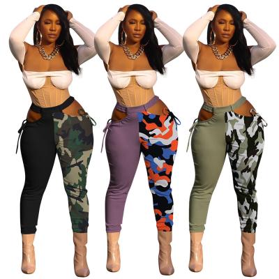 China Summer Camouflage Patchwork Long Pants Waterproof High Quality Side Hollow Out Stretch Women's Pants And Trousers for sale