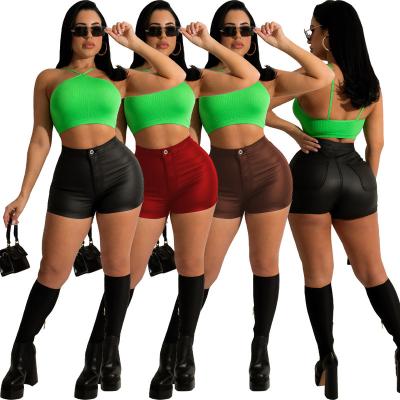 China 2022 Best Seller QUICK DRY Button Casual PU Shorts Summer Solid Color High Waist Simple Tight Shorts For Women for sale