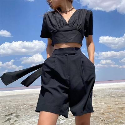 China Cotton Breathable Soft Bowknot Girl Two Piece Shorts Set Women Blouse Suit Summer Sweatshirt for sale