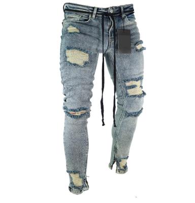 China Sustainable Hollow Out Biker Stretch Ripped Skinny Jeans Taped Denim Pants Motorcycle Wrinkle Bermuda Pants Knee Hole Slim Fit Jeans Man for sale