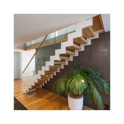 China Contemporary Modern Mono Wood Stringer Stairs Wooden LED Stairs With Glass for sale