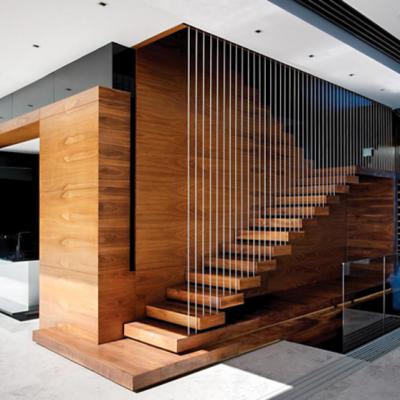 China Contemporary Modern Indoor Floating Staircase With Tread Wire Glass Wood Railing for sale