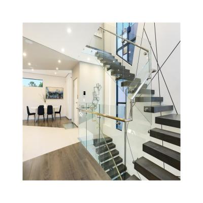 China Contemporary Prefab Modern House Wood Floating Wooden Staircase Frameless Wooden Enclosure Straight Stairs for sale