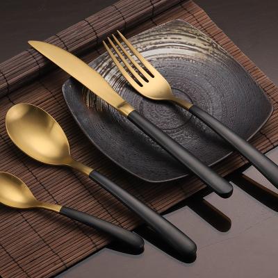 China New Viable Hot Sale Cutlery Set Matt Black And Gold Stainless Steel Hotel Restaurant Wedding Flatware Silverware Set 18/10 for sale