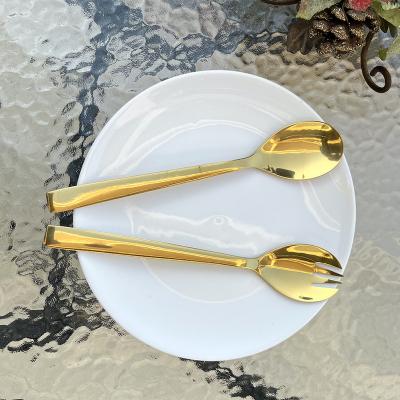 China Long Handle Salad Server Utensil Gold Stainless Steel Long Handle Salad Server Spoon Silverware Serving Fork for sale