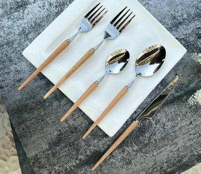 China Sustainable Wooden Flatware Set 18/10 Stainless Steel Cutlery Set Wooden Handle 5 Piece Set for sale