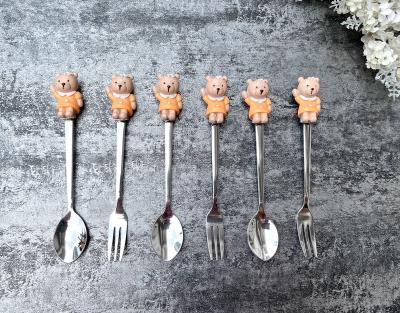 China Sustainable Resin Bear Handle 6 Handle Flatware Animal Spoon Stainless Steel Fruit Cake Fork Cutlery Set for sale