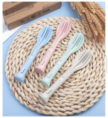 China Sustainable Eco Friendly Portable Flatware Set Portable Wheat Straw Spoon Fork Knife Travel Cutlery Cutlery Set 3 in 1 for sale