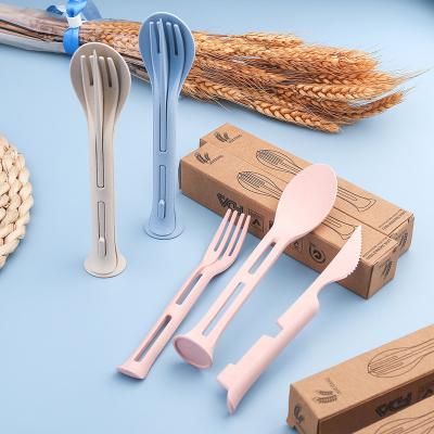 China Sustainable Portable Flatware Set Wheat Straw Travel Biodegradable Cutlery Set 3 in 1 Spoon Fork Knife Eco Friendly for sale