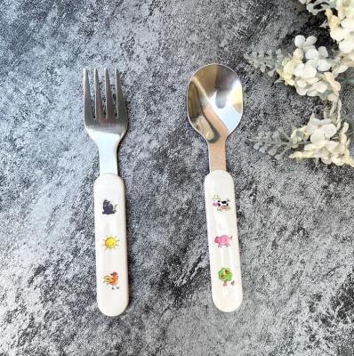 China Sustainable Kids Flatware Stainless Steel Plastic Handle With Printing Toddler Kids Cutlery Set Of 2 for sale