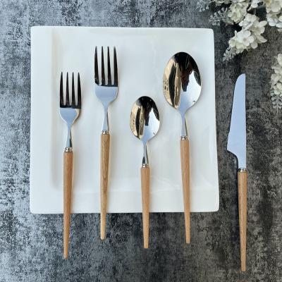 China Viable 5 Piece Cutlery Set Silverware Mirror Hand Polished 18/10 Stainless Steel Natural Ash Wood Handle Wooden Flatware Set for sale