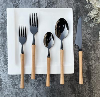 China Sustainable 5-Piece Set Wooden Flatware Set 18/10 Stainless Steel Silverware Wood Black Flatware Set With Real Natural Beech Wood for sale