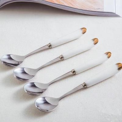 China Viable Flatware Parts Sugar Honey Spoon Stainless Steel Metal Coffee Handle Porcelain Ceramic Cutlery Set Small Tea Spoon for sale