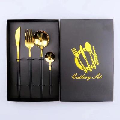 China Viable Style Gold Portugal Black Flatware Set With Gift Box 4 Piece Stainless Steel PVD Coating Colored Flatware Silverware Set for sale