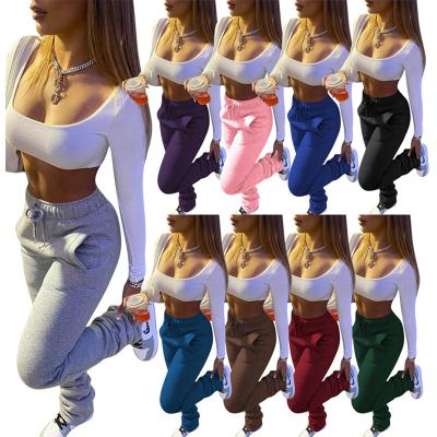 China Anti-Wrinkle Woman Clothing Vendor Cotton Beige Jogger Stacked Sports Tracksuit With Pockets Fitness Pants Mid Waist Thick Stacked Pants for sale