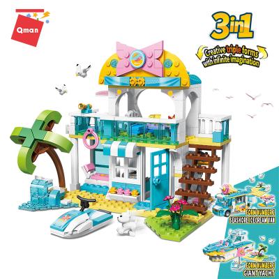 China Build Toy Qman Vacation Tour Holiday Cottage 3 in 1 Building Blocks Transform Car and Ice Cream Yacht for sale