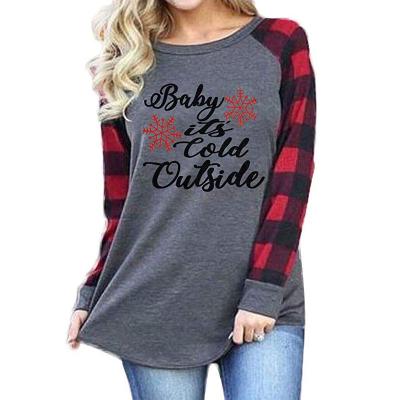 China Anti-wrinkle fashion plaid printing splicing round neck long sleeve women loose top personalized T-shirt for sale