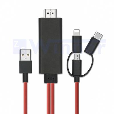 China Lighting/Micro USB/Type-C to HDMI Cable 3 in 1 USB-C/Micro USB Phone to HDMI Cable, Mirror Cell Phone Screen to TV/Projector/Monitor for sale