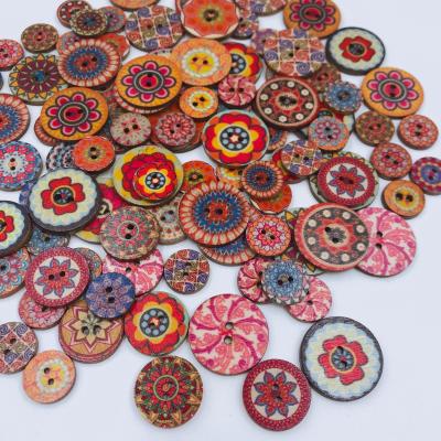 China 15/20/25 mm Sustainable Round Wooden Buttons Painted Printing DIY Handwork Accessories 100 Mixed Vintage Wooden Buttons for sale